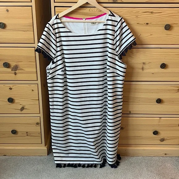 Eliza J Blue and White Striped Short Sleeve Dress With Tassels Size 22W